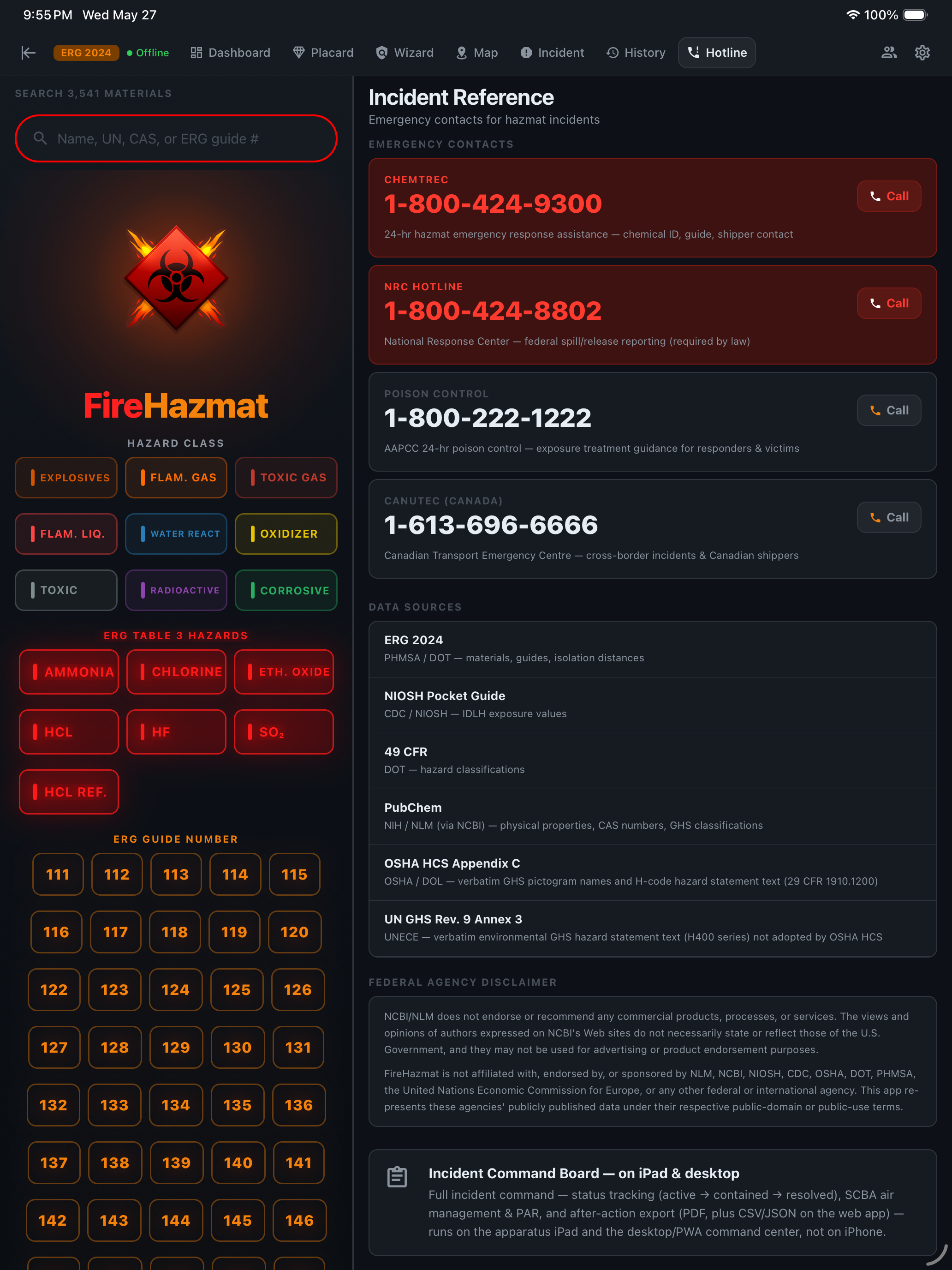 iPad Incident Reference tab — on-device emergency contacts CHEMTREC 1-800-424-9300, NRC Hotline 1-800-424-8802, Poison Control 1-800-222-1222, and CANUTEC Canada 1-613-696-6666, with cited data sources ERG 2024, NIOSH Pocket Guide, 49 CFR, PubChem, OSHA HCS Appendix C, and UN GHS Rev. 9 Annex 3