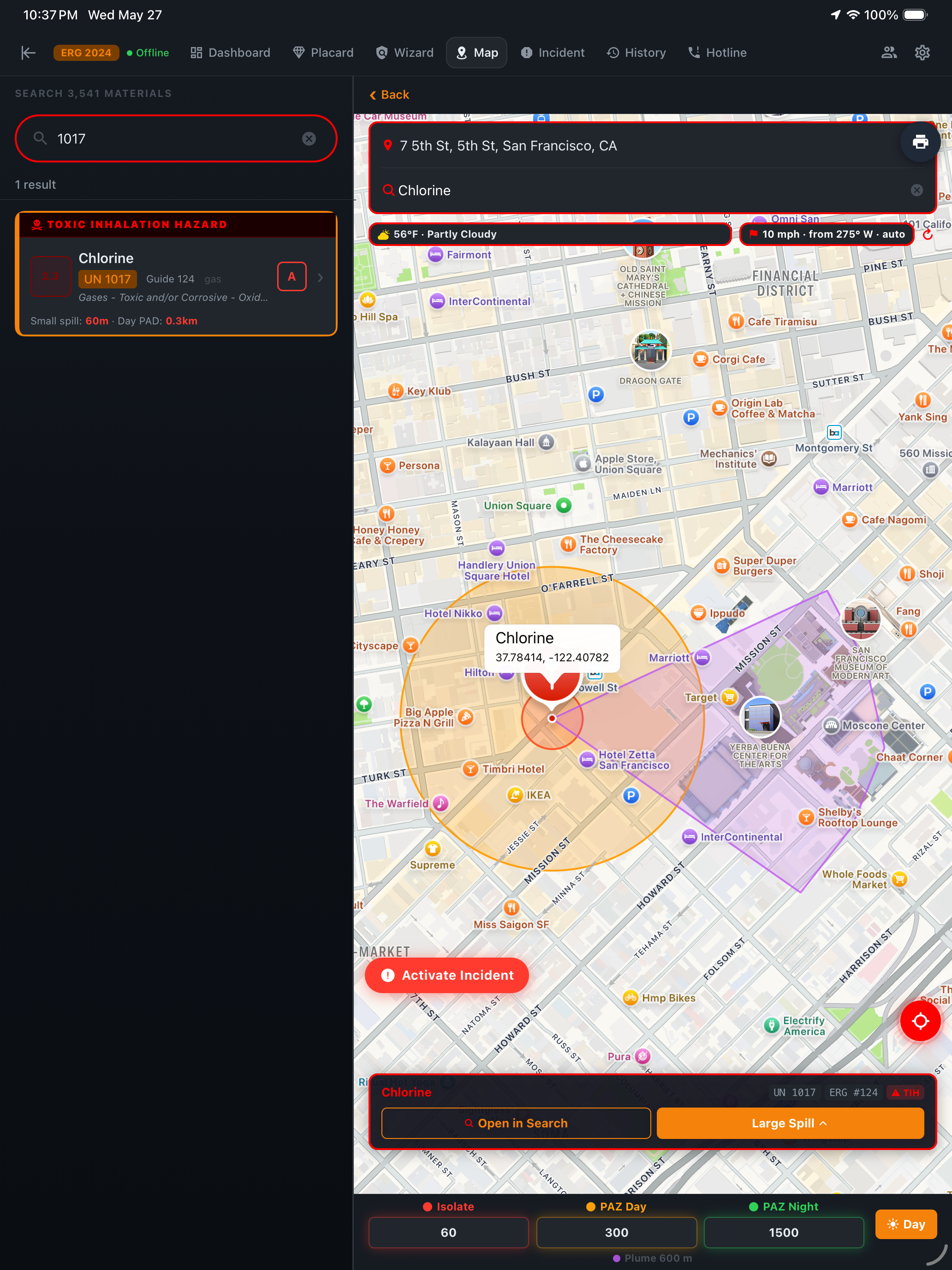iPad Map — Day PAZ at 300m for Chlorine release