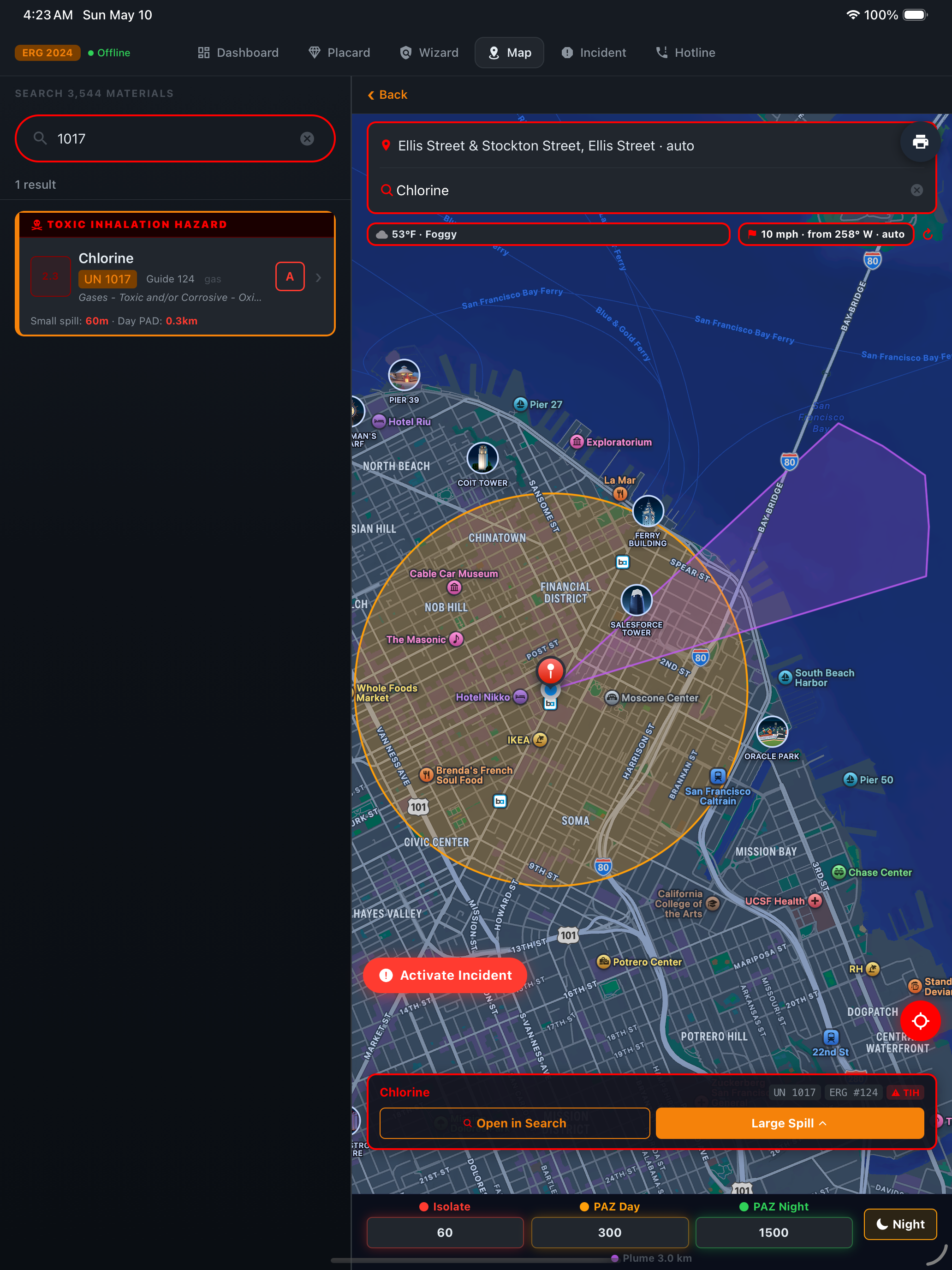 FireHazmat iPad — live evacuation map at night with ERG Initial Isolation and Protective Action Zone circles, downwind chlorine plume polygon, and live weather data over San Francisco