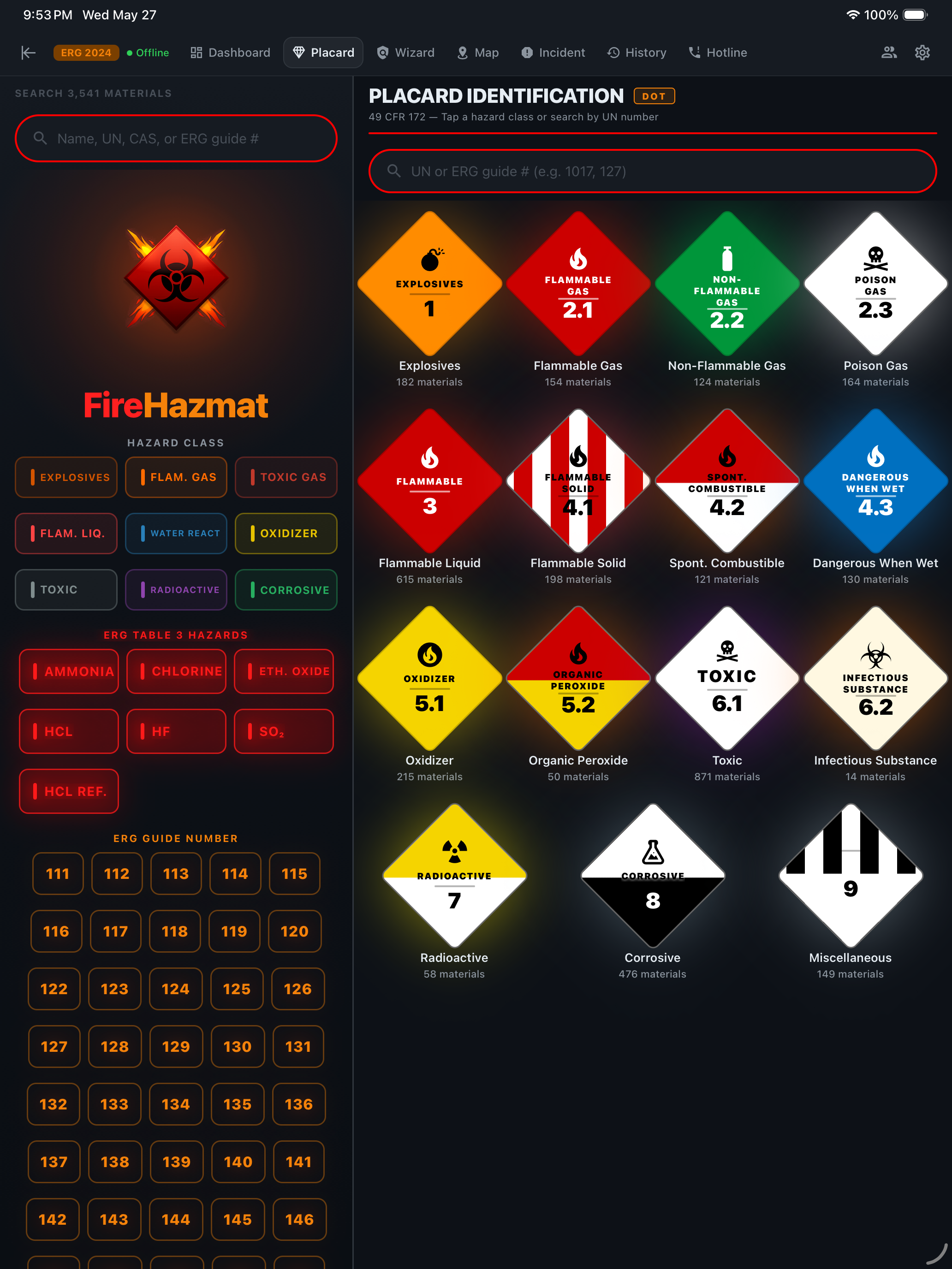 iPad Placard Identification — all 9 DOT hazard class diamonds in real placard colors with material counts