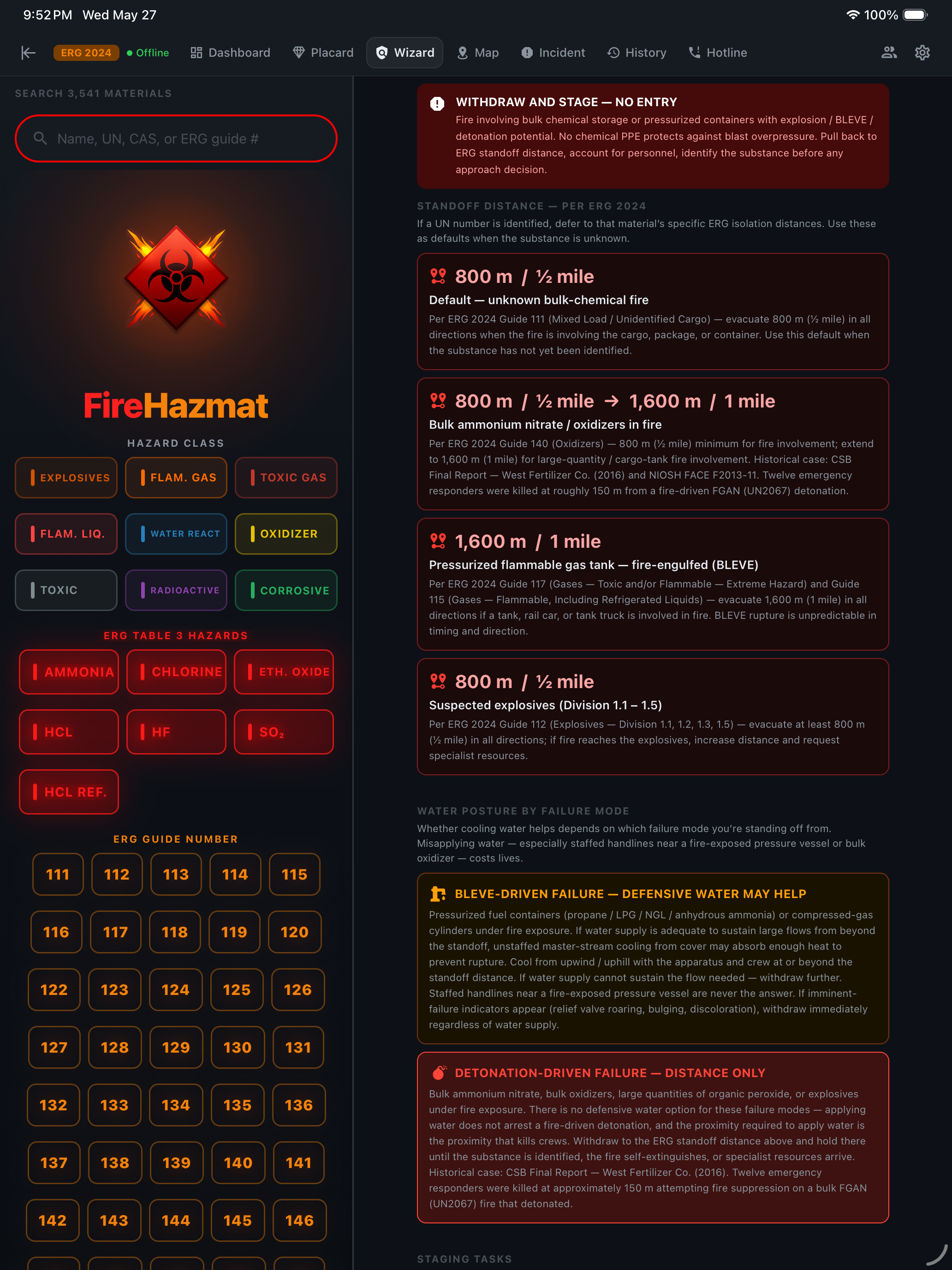 iPad Wizard standoff path — Withdraw and Stage NO ENTRY banner with ERG 2024 standoff distances per failure mode: 800 m default unidentified bulk-chemical fire, 1600 m bulk ammonium nitrate, 1600 m pressurized fuel-gas tank BLEVE, and water-supply guidance for BLEVE-driven vs detonation-driven failure