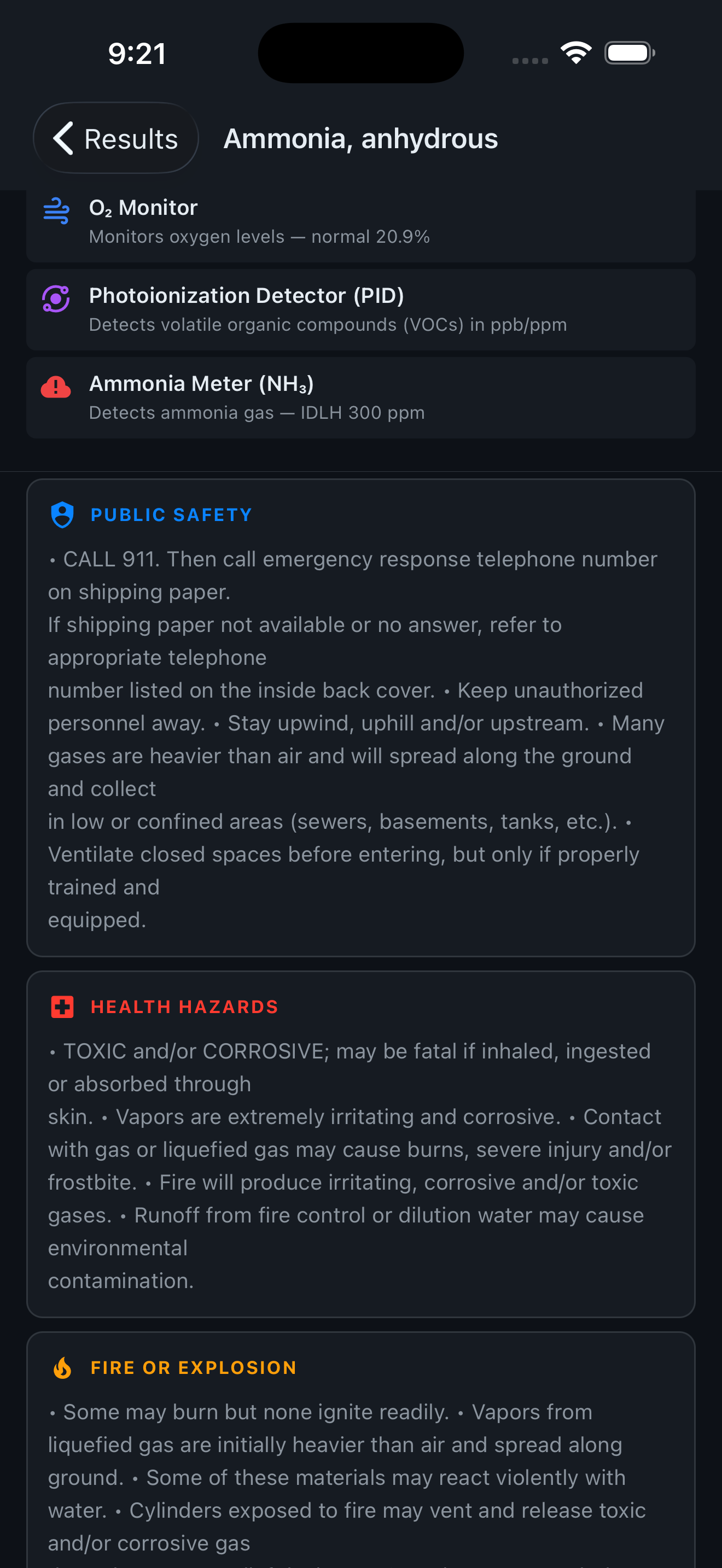FireHazmat iPhone — ERG Guide 125 content with Public Safety, Health Hazards, and Fire or Explosion sections