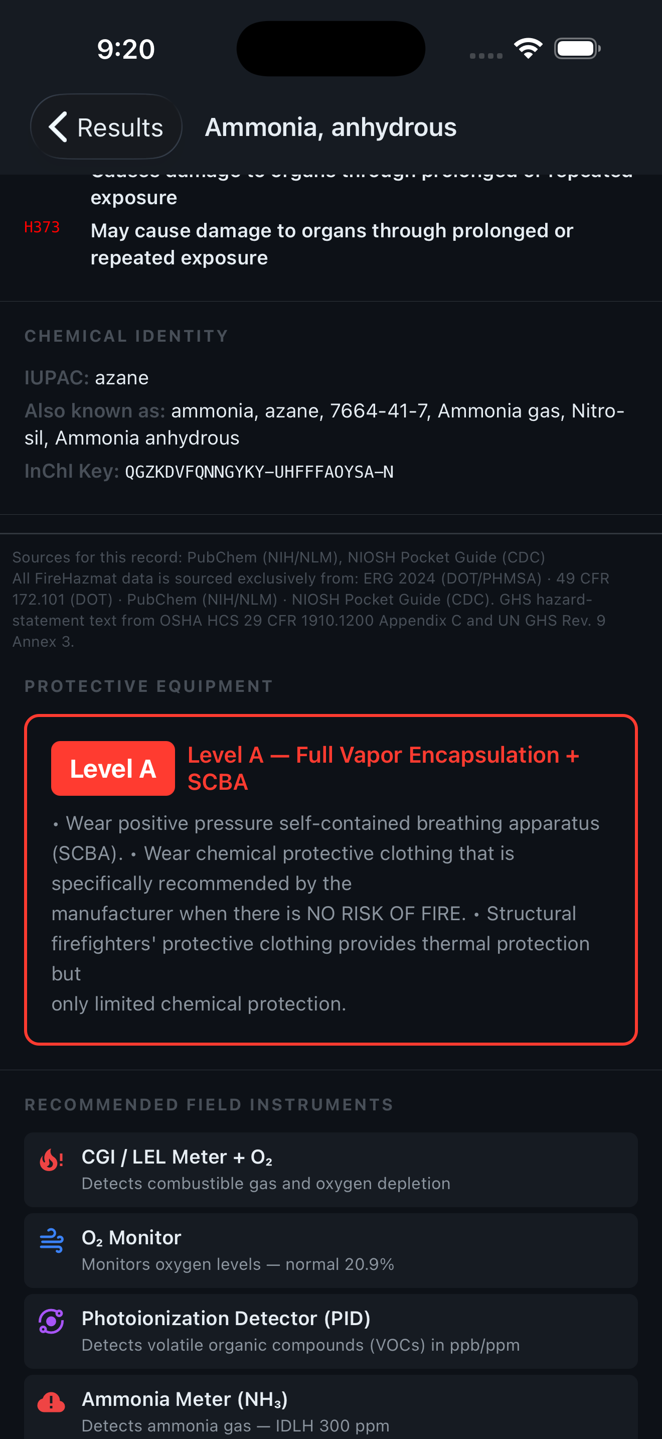 FireHazmat iPhone — Level A Full Vapor Encapsulation plus SCBA with recommended field instruments CGI/LEL meter, O2 monitor, photoionization detector, and ammonia meter