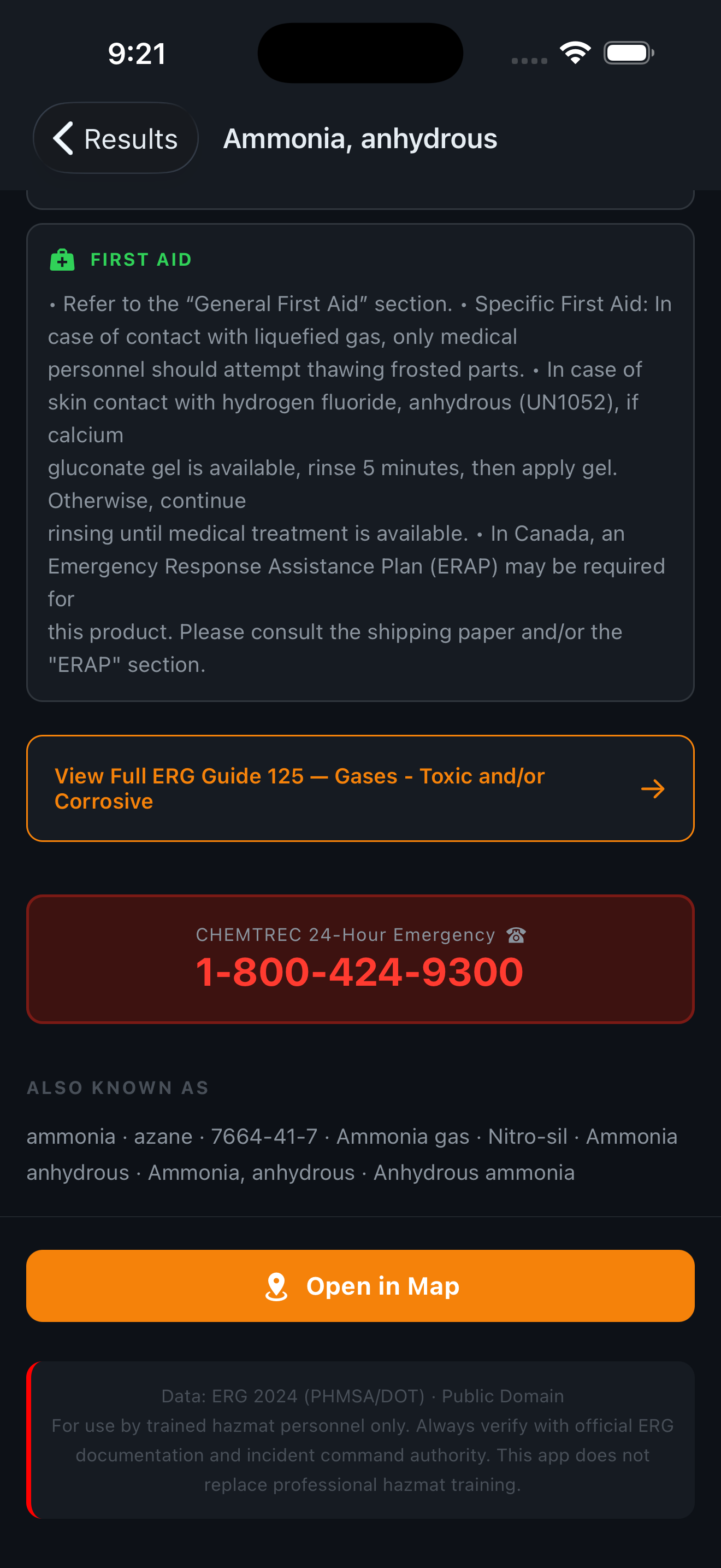 FireHazmat iPhone — First Aid section with one-tap CHEMTREC 24-Hour Emergency 1-800-424-9300 button, Also Known As synonyms, and Open in Map action