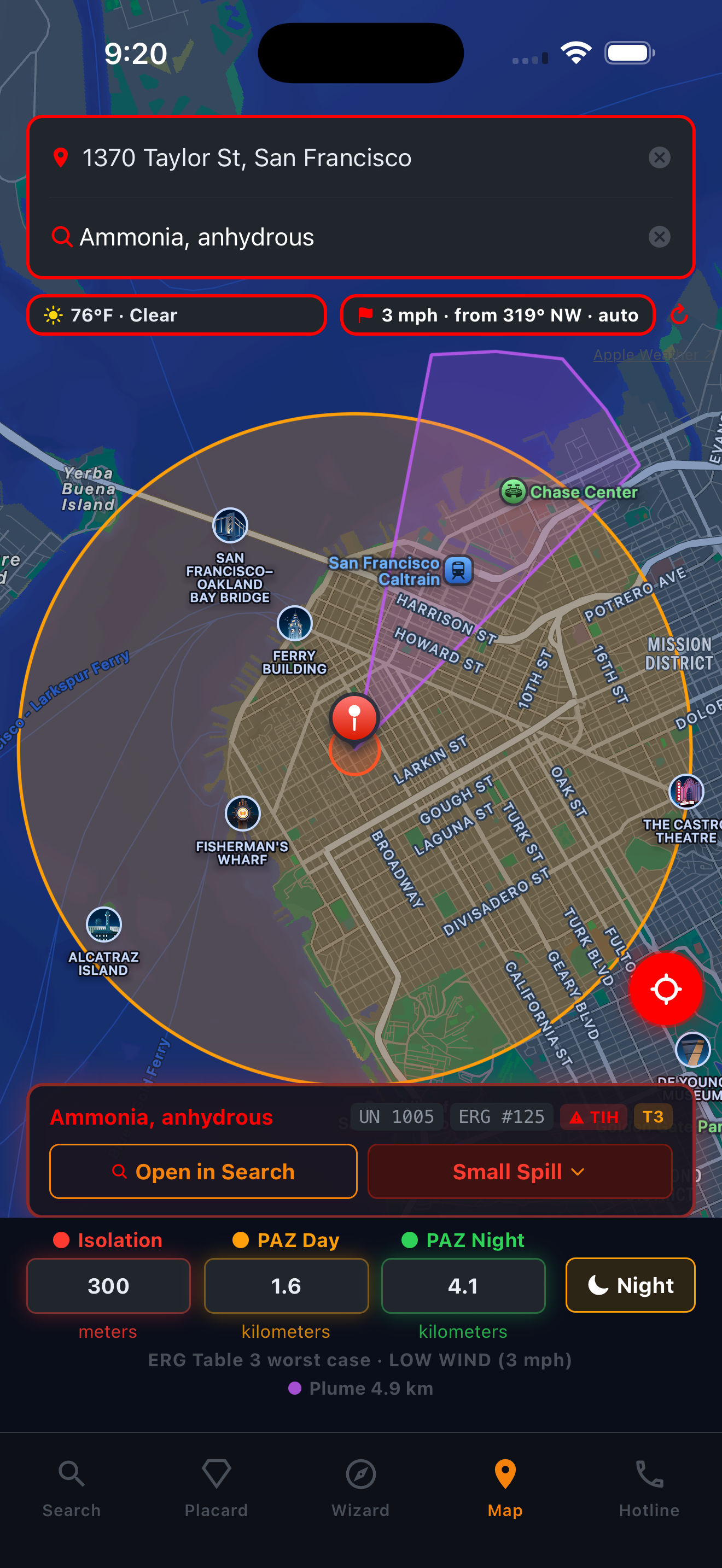 FireHazmat iPhone — live evacuation map at night over San Francisco for Ammonia anhydrous UN 1005, large spill: ERG Table 3 worst-case container distances at the live wind band (Isolation 300 m, PAZ Day 1.6 km, PAZ Night 4.1 km at low wind), downwind plume, live weather and wind