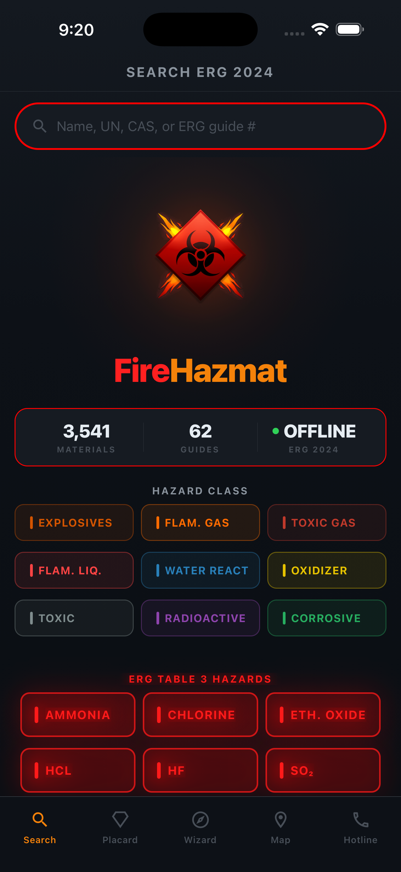 FireHazmat iPhone — search 3,541 hazardous materials by name, UN number, or hazard class